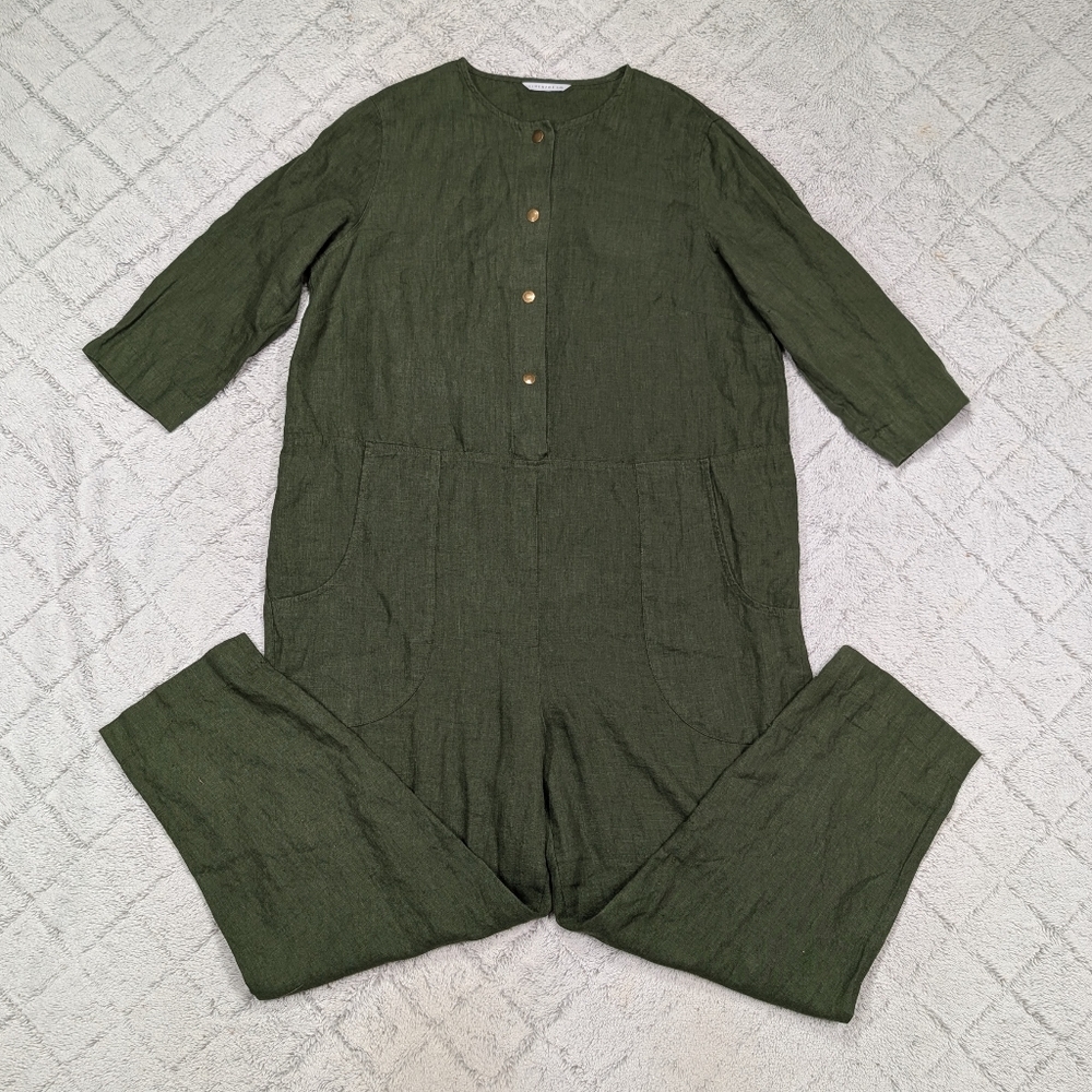 Linenfox Jumpsuit Womens L/XL Green Linen Martin Coverall Snap Up Minimalist